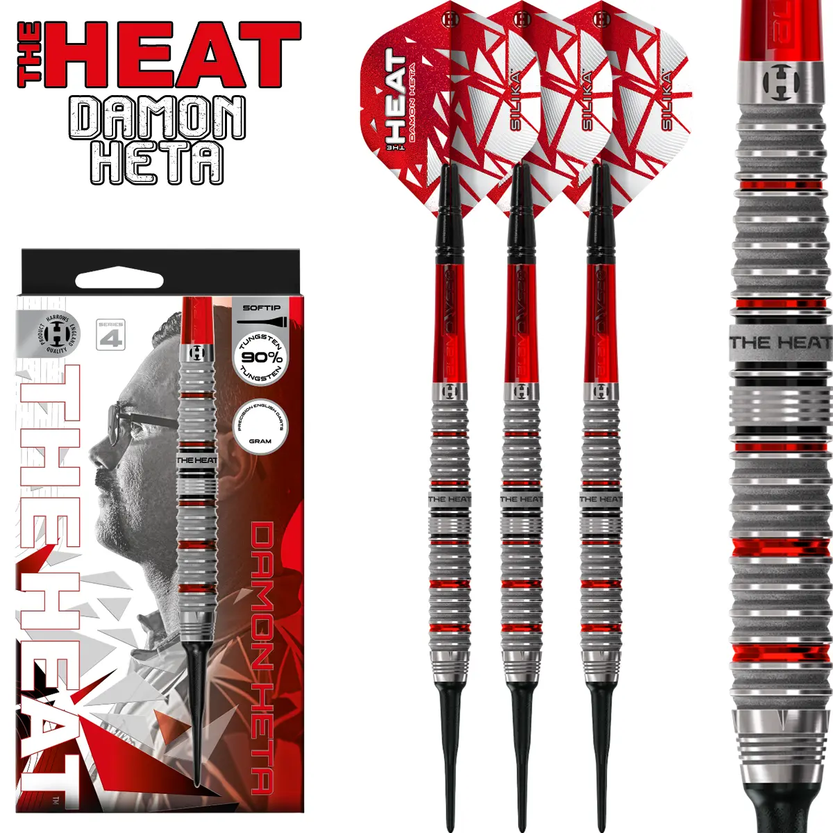 Harrows Damon Heta Series 4 Softdarts – 90 % Tungsten mit Ring-Grip und roten Silika Flights