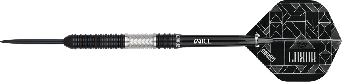 One80 Luxor II Iota Steeldart Seitenansicht mit schwarzer Spitze und Flights