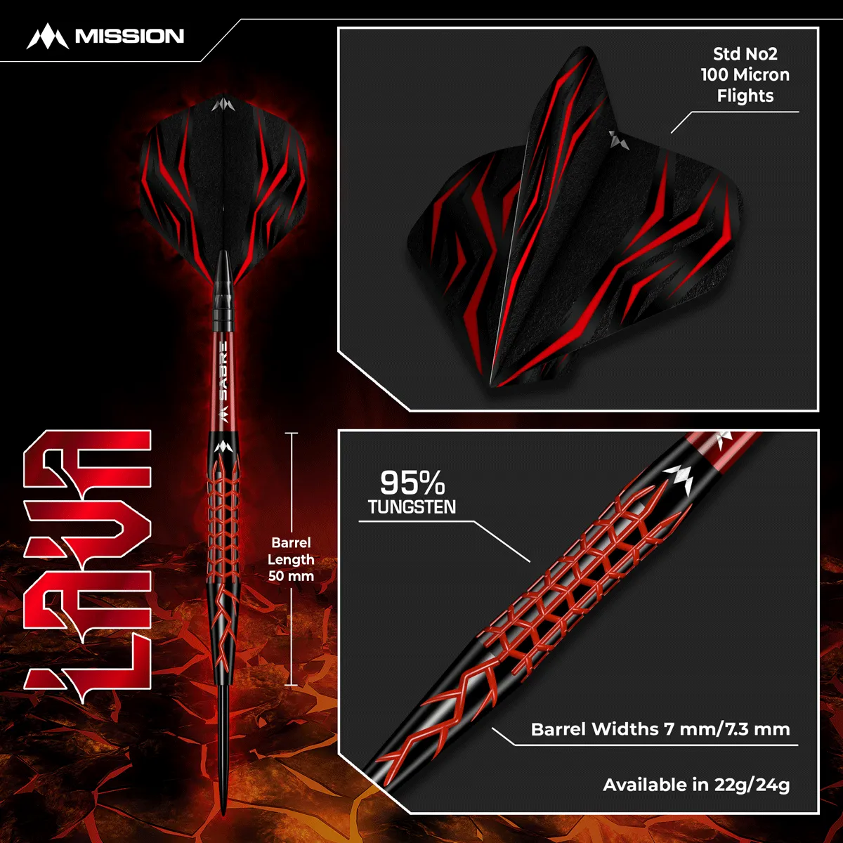 Mission Lava Steeldarts Banner mit 95 % Tungsten und Lava-Grip Design