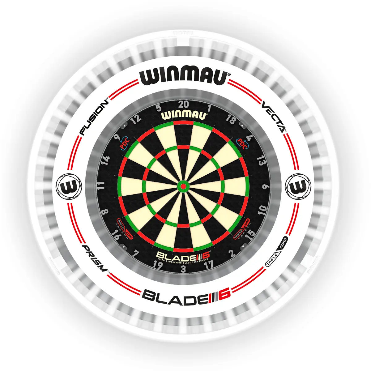 Winmau Plasma ICE Dartboardbeleuchtung mit weißem Winmau Pro Line Surround Vorderansicht