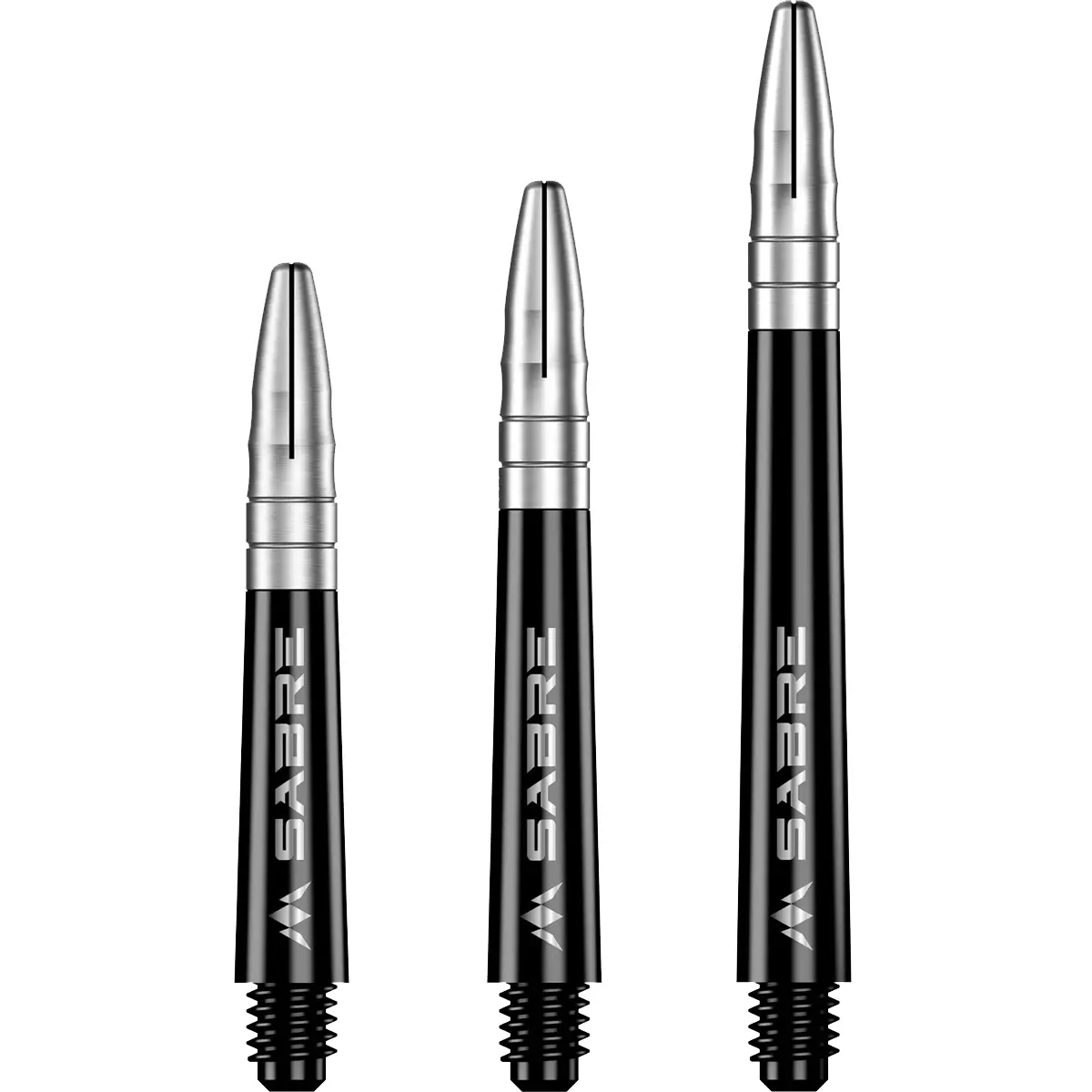 Mission Sabre Dart Shafts in Schwarz-Silber. Set-Übersicht der Längen Short, Midi und Medium. Schwarzer Polycarbonat-Körper mit silbernem Aluminium-Top.