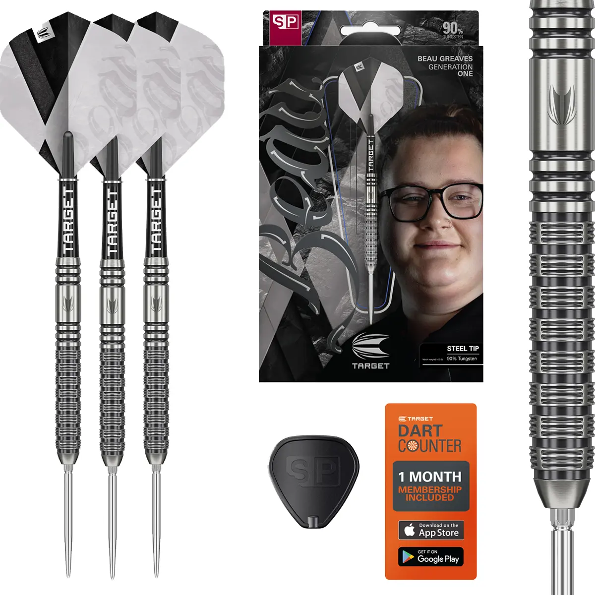 Target Beau Greaves Gen1 Swiss Point Steeldarts – Set mit Verpackung, Flights, Swiss Point Tool und Zubehör