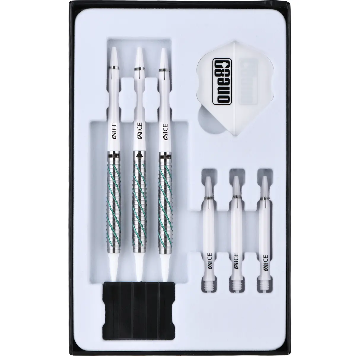 Komplettset der One80 Akari Tanahara Signature V2 Softdarts mit drei Darts, Ersatzshafts und Flights im Inlay