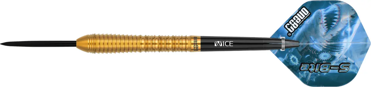 One80 Sbite S B1 Steeldarts Seitenansicht mit goldenem Barrel und blauem Flight