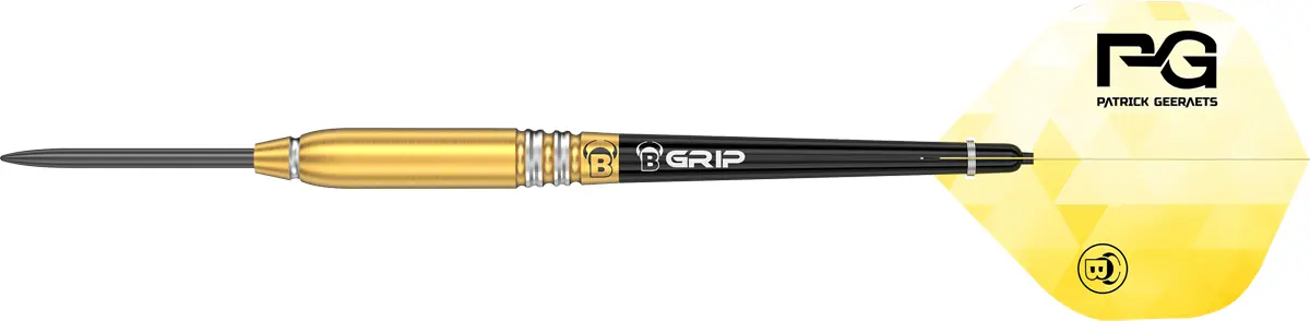 Patrick Geeraets Steeldart 23 g – gold-silbernes Barrel mit Doppelring-Grip, quer liegend