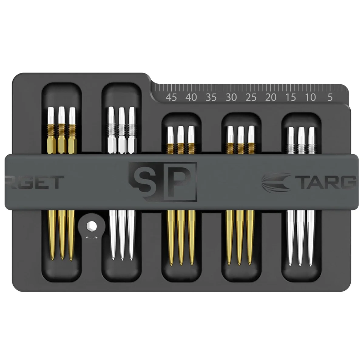 Target Swiss Point Safe Vorderansicht aus schwarzem Aluminium zur Aufbewahrung von 5 Sätzen Swiss Point Dartspitzen