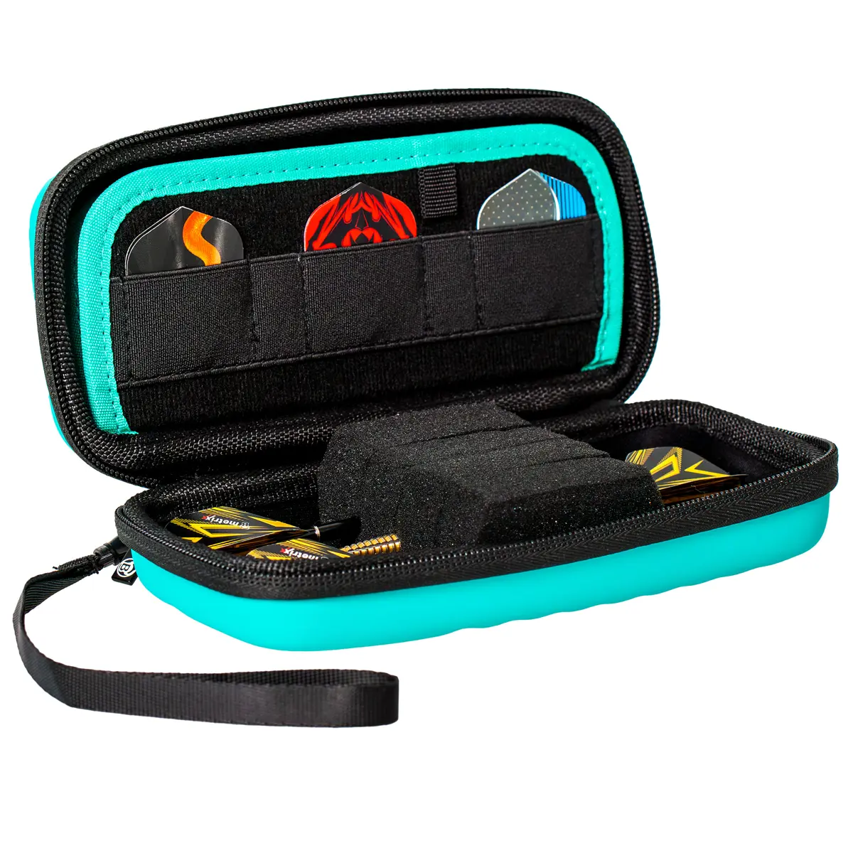 Innenaufbau der Orbis S Darttasche in Mint Mintfarbene Bull's Orbis S Darttasche geöffnet – Innenleben für Darts und Zubehör