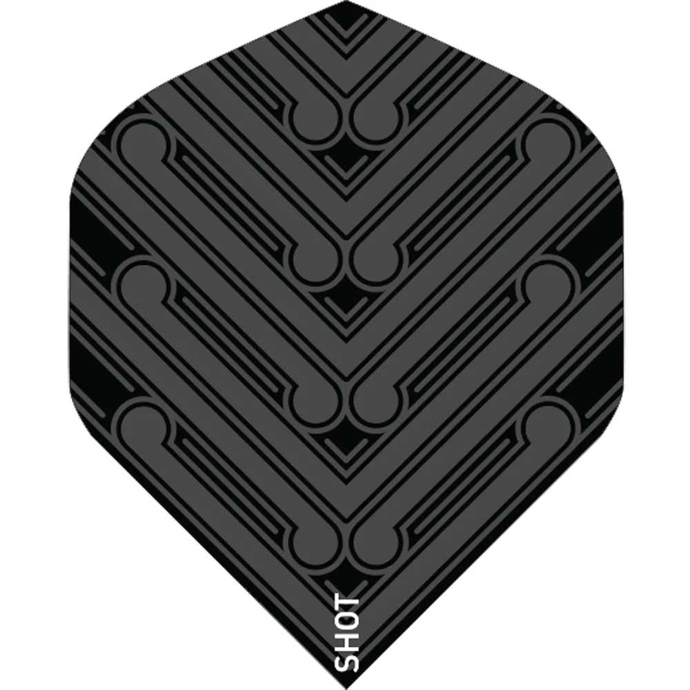 Shot Manu Flight Schwarz in No.6-Standardform Einzelner Shot Manu Flight Schwarz in No.6-Standardform, halbtransparentes Design mit geometrischem Linienmuster und Shot-Logo