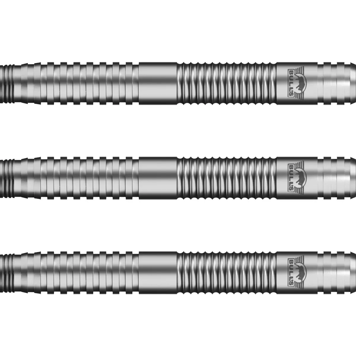 Bull’s Lightning Red Softtip – strukturierte Barrels aus 80 % Tungsten Detailansicht der Bull’s Lightning Red Softdart-Barrels mit Ringgrip und 80 % Tungsten