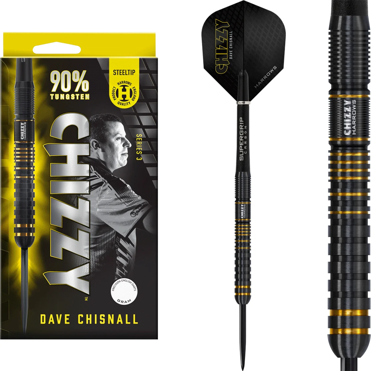 Harrows Dave Chisnall Series 3 Steeldarts Set mit Verpackung, komplettem Dart und Barrel-Detail