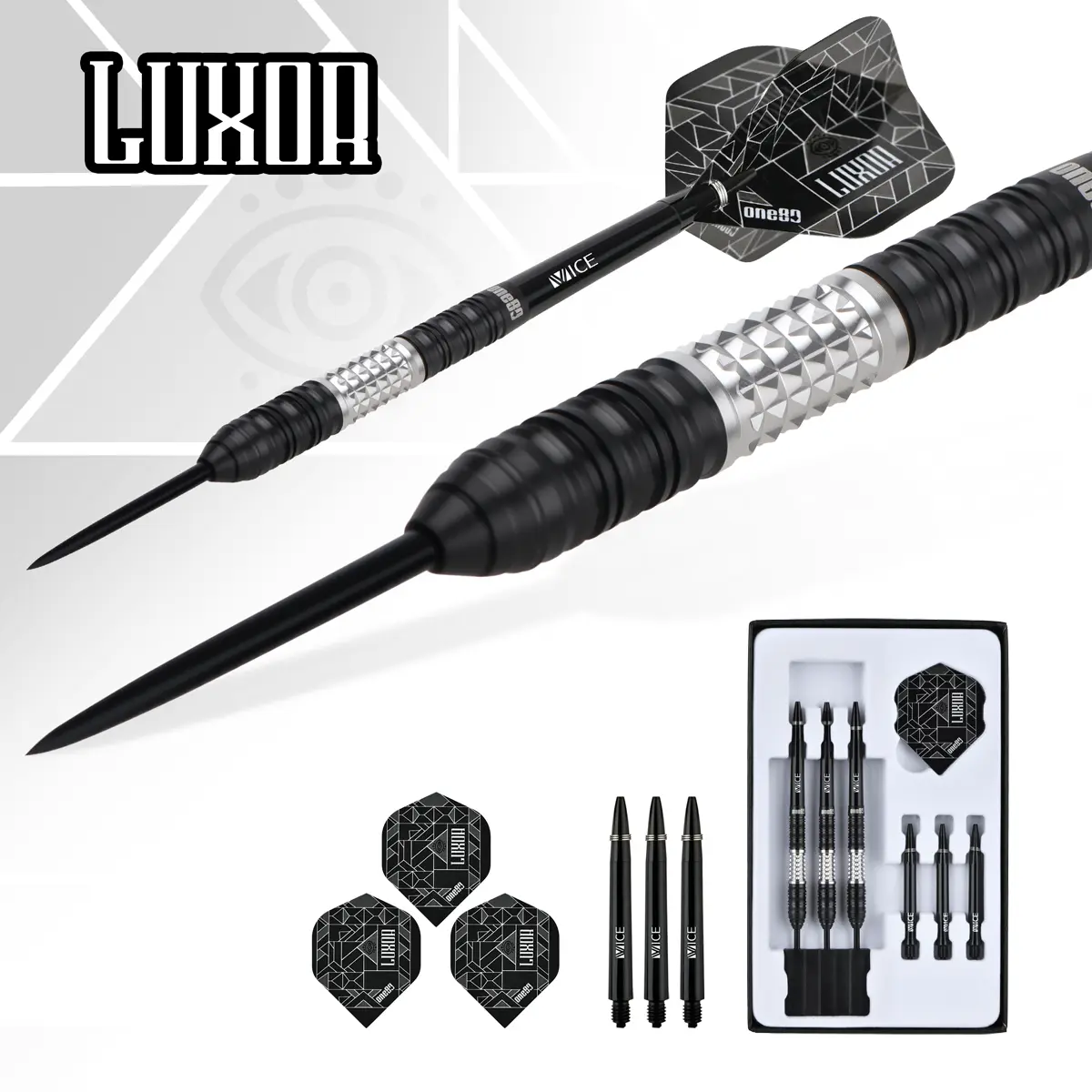 One80 Luxor II Eta Steeldarts Set – inklusive Flights, Shafts und Zubehör im Lieferumfang