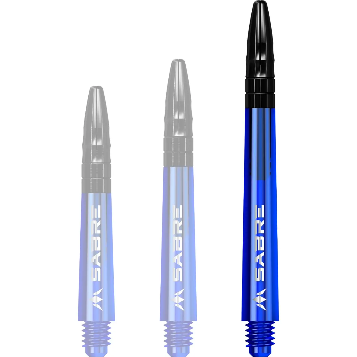 Mission Sabre Dart-Schafts in der Farbe Blau-Schwarz und der Größe Medium. Diese langen Shafts sind ideal für Spieler, die ein traditionelles Darts-Setup bevorzugen.