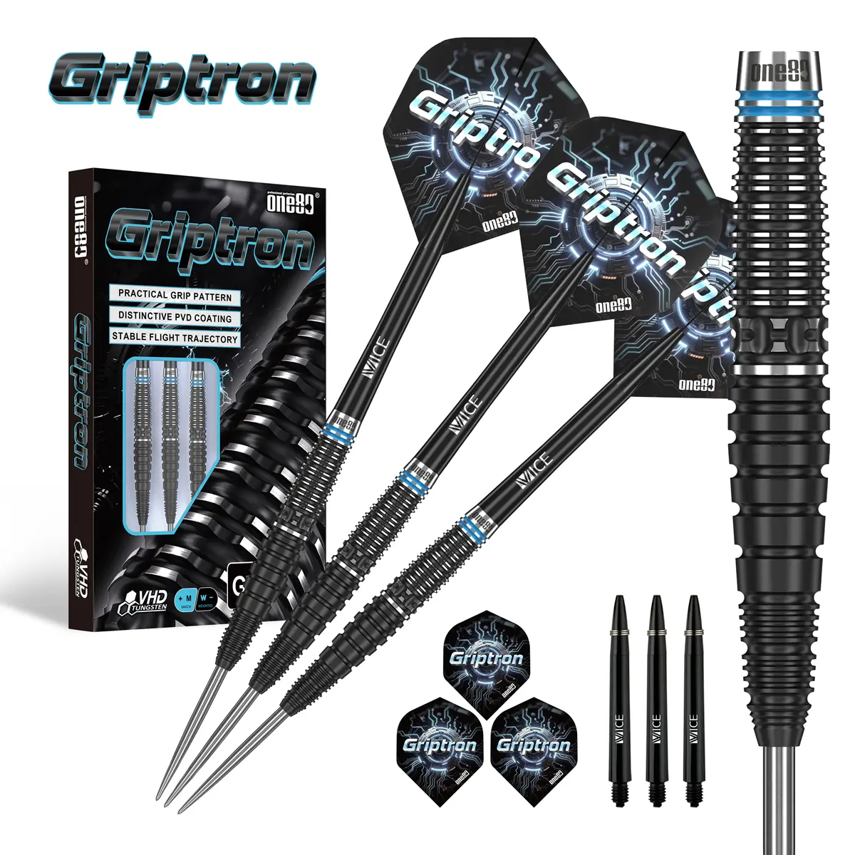 One80 Griptron GT1 Steeldarts Lieferumfang mit Box, Flights, Shafts und 3 Darts