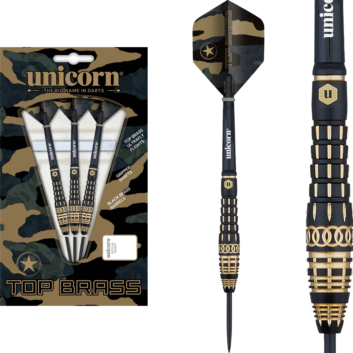 Unicorn Top Brass 4 Steeldarts 20g Komplettset mit Brass Barrel, Gripper Schäften und Ultrafly Flights