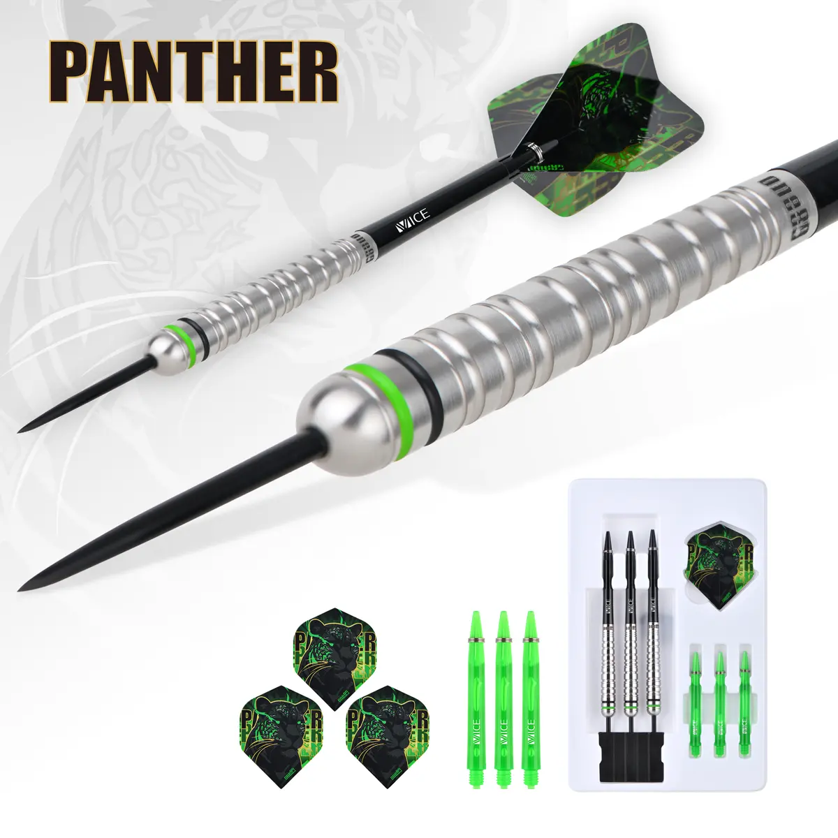 One80 Panther-C Steeldarts Set mit Zubehör – Tungsten Barrels, Shafts und Panther Flights im Blister