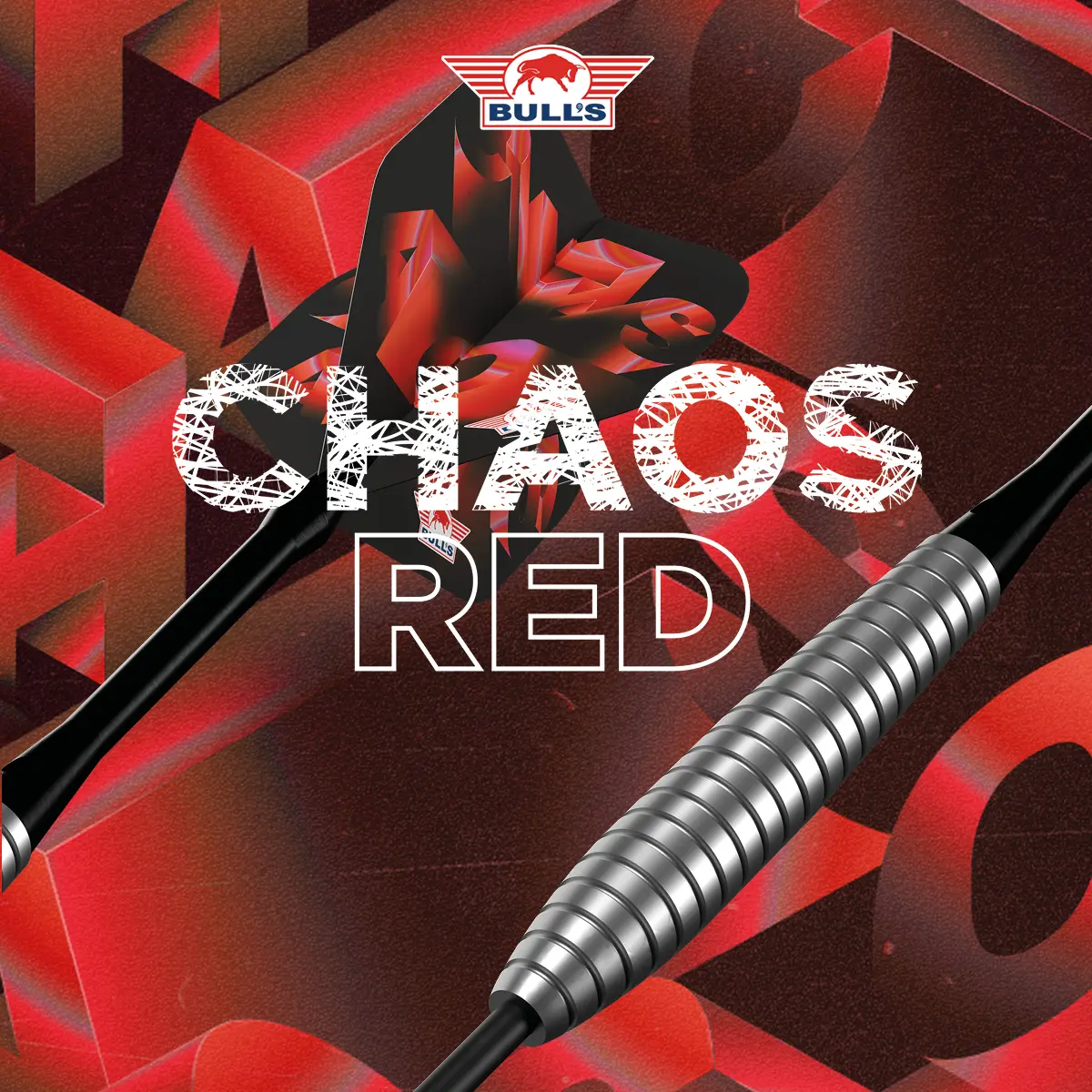 Bull's NL Chaos Red Steeldarts 90 % Tungsten – Werbegrafik mit Logo und roten Flights