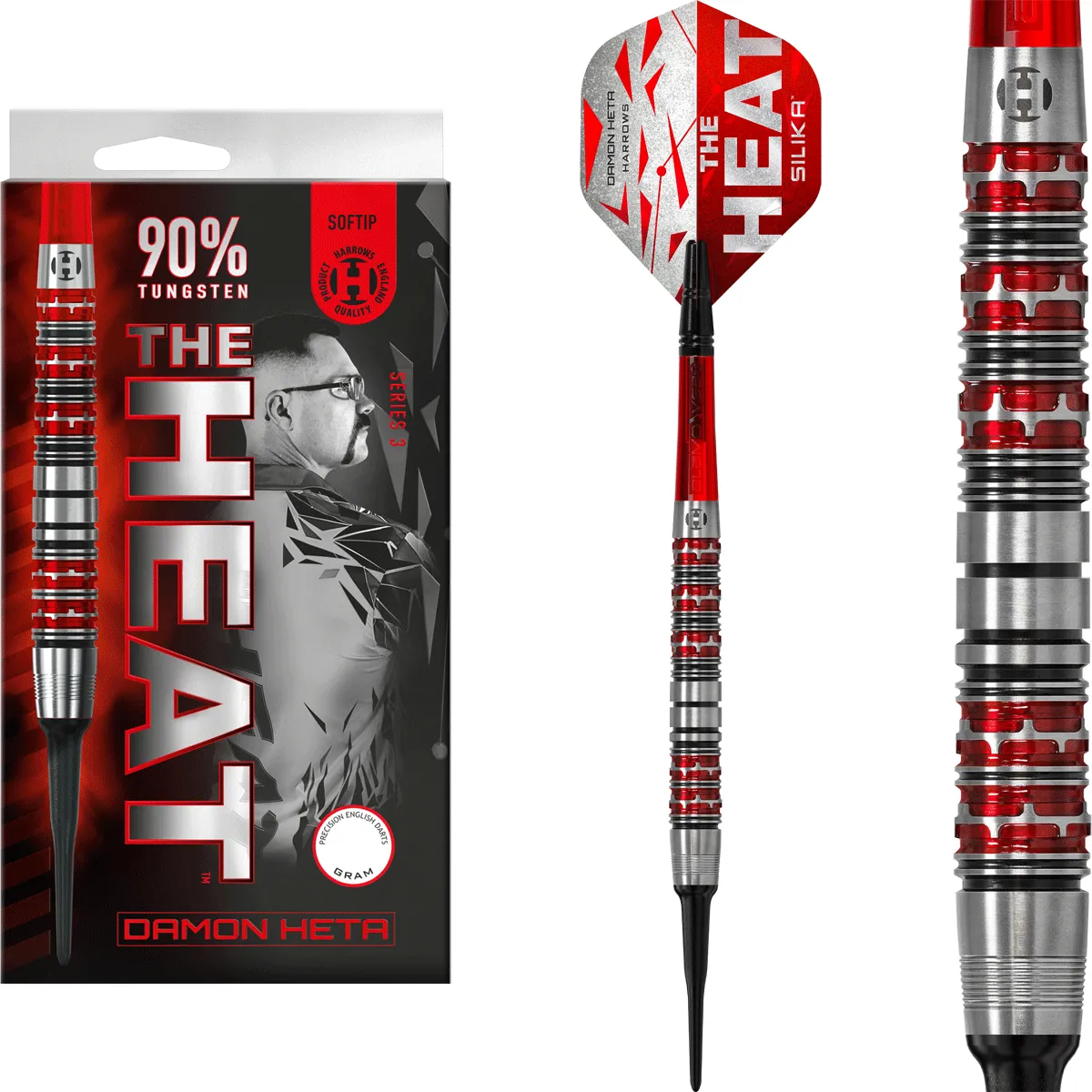 Harrows Damon Heta Series 3 Softdarts – Setansicht Harrows Damon Heta Series 3 Softdarts – 3er Set montiert mit Flights und Shafts