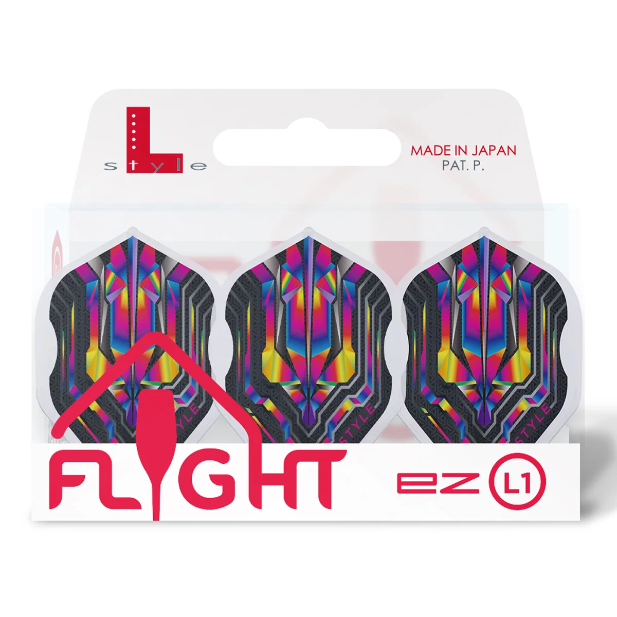 Originalverpackung der L-Style Origin EZ L1 Dart Flights Rainbow Edition; Set aus 3 Stück in der L1 Standard Form mit integriertem EZ-System.