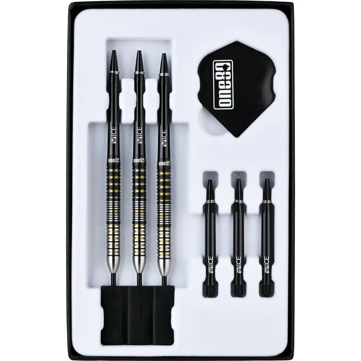 Zubehör des One80 Tengku Shah Darts mit Shafts und Flights