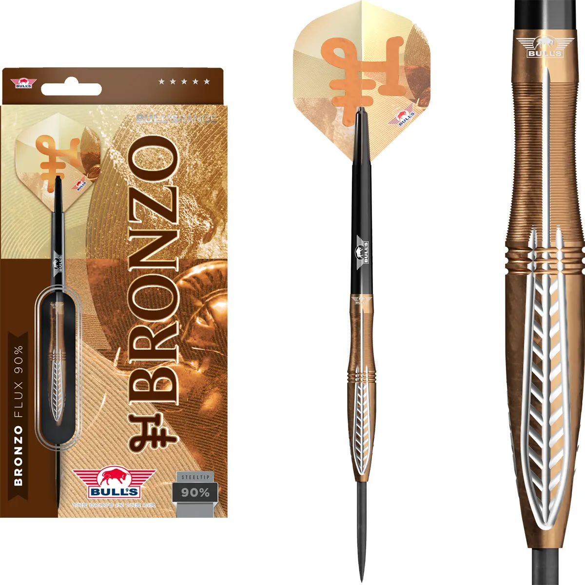 Bulls NL Bronzo Flux Steeldarts 23g – Komplettset mit Flights und Shafts Bulls NL Bronzo Flux Steeldarts Set mit Barrel, Shafts und Flights in Nahaufnahme