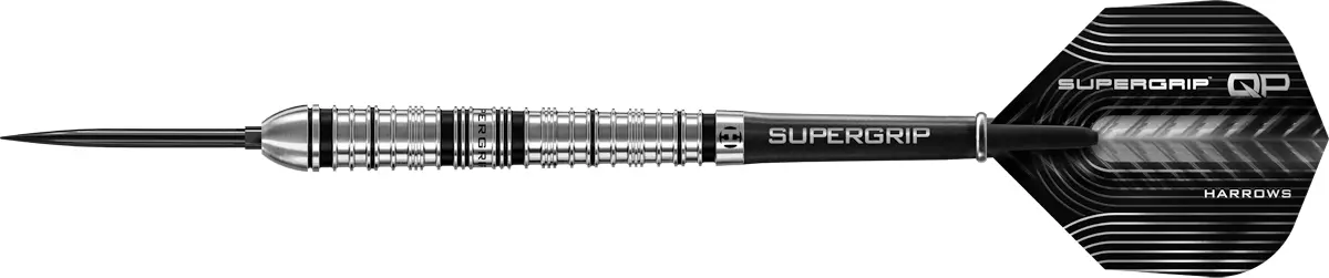 Seitenansicht der Harrows Supergrip Quick Point Steeldarts mit montiertem Supergrip Shaft und Flight