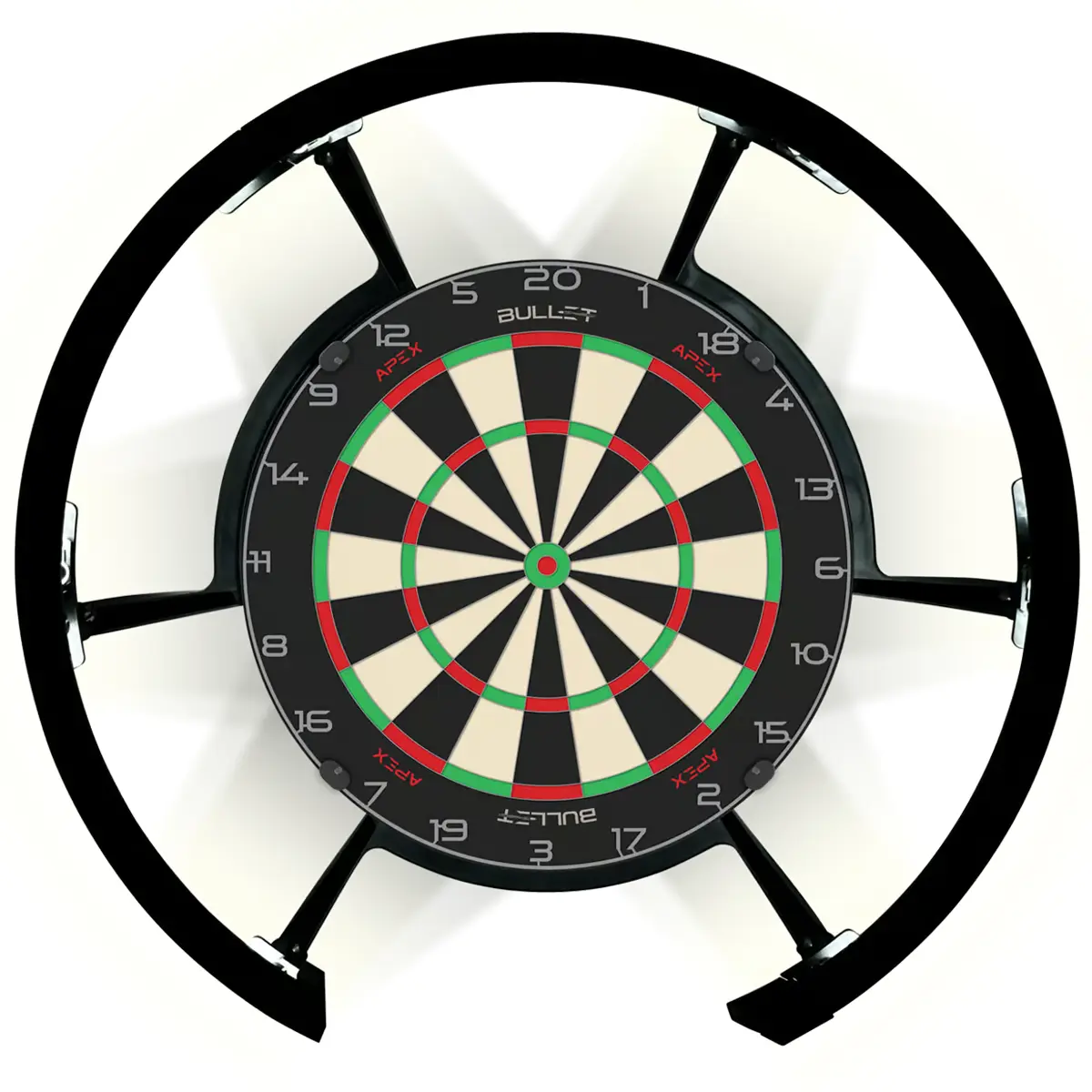 Bullet Radion 300 LED-Dartboardbeleuchtung montiert am Steeldartboard mit schattenarmer Ausleuchtung