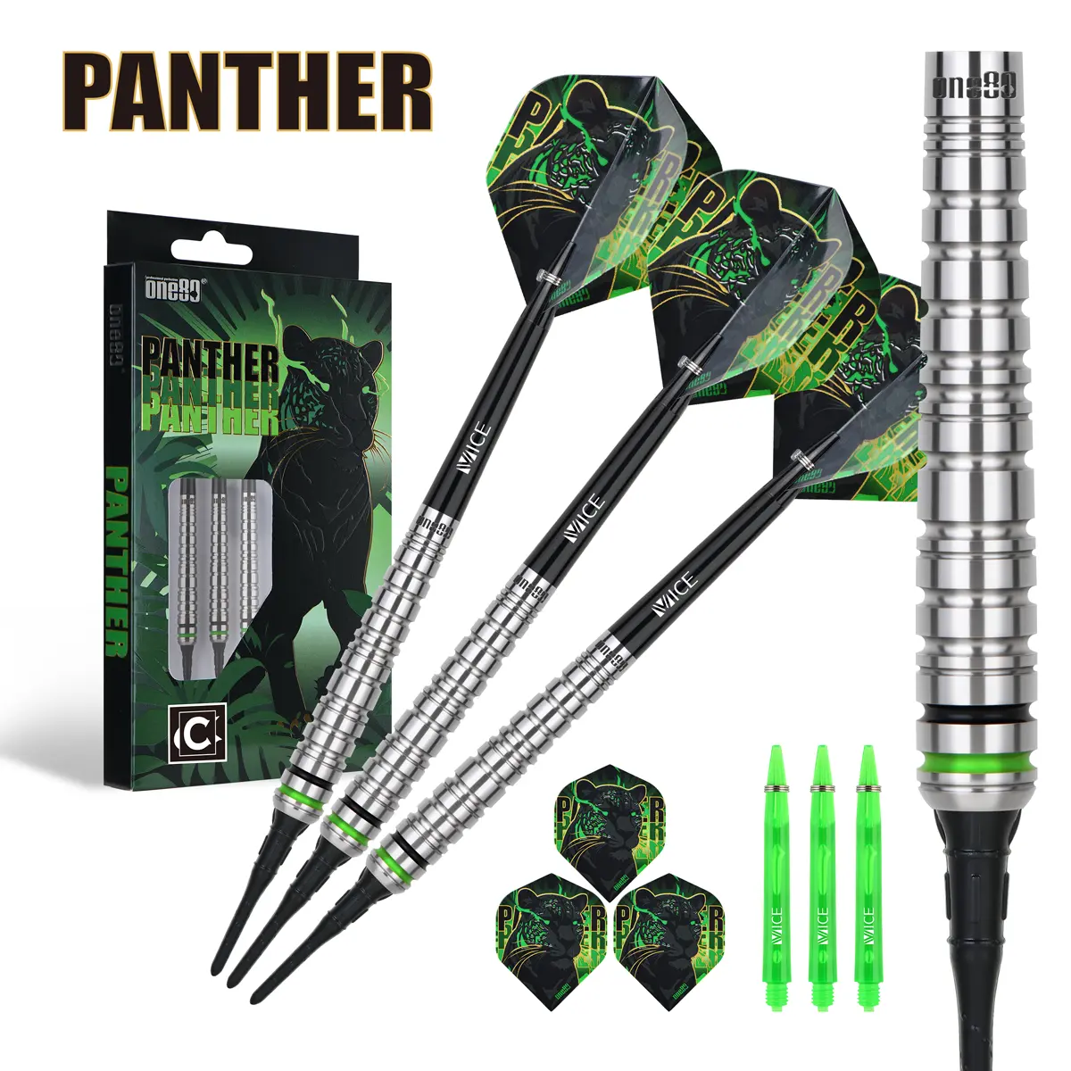 One80 Panther-C Softdarts 90 % Tungsten – Komplettset mit Barrels, Flights, Shafts und Verpackung in Grün-Schwarz