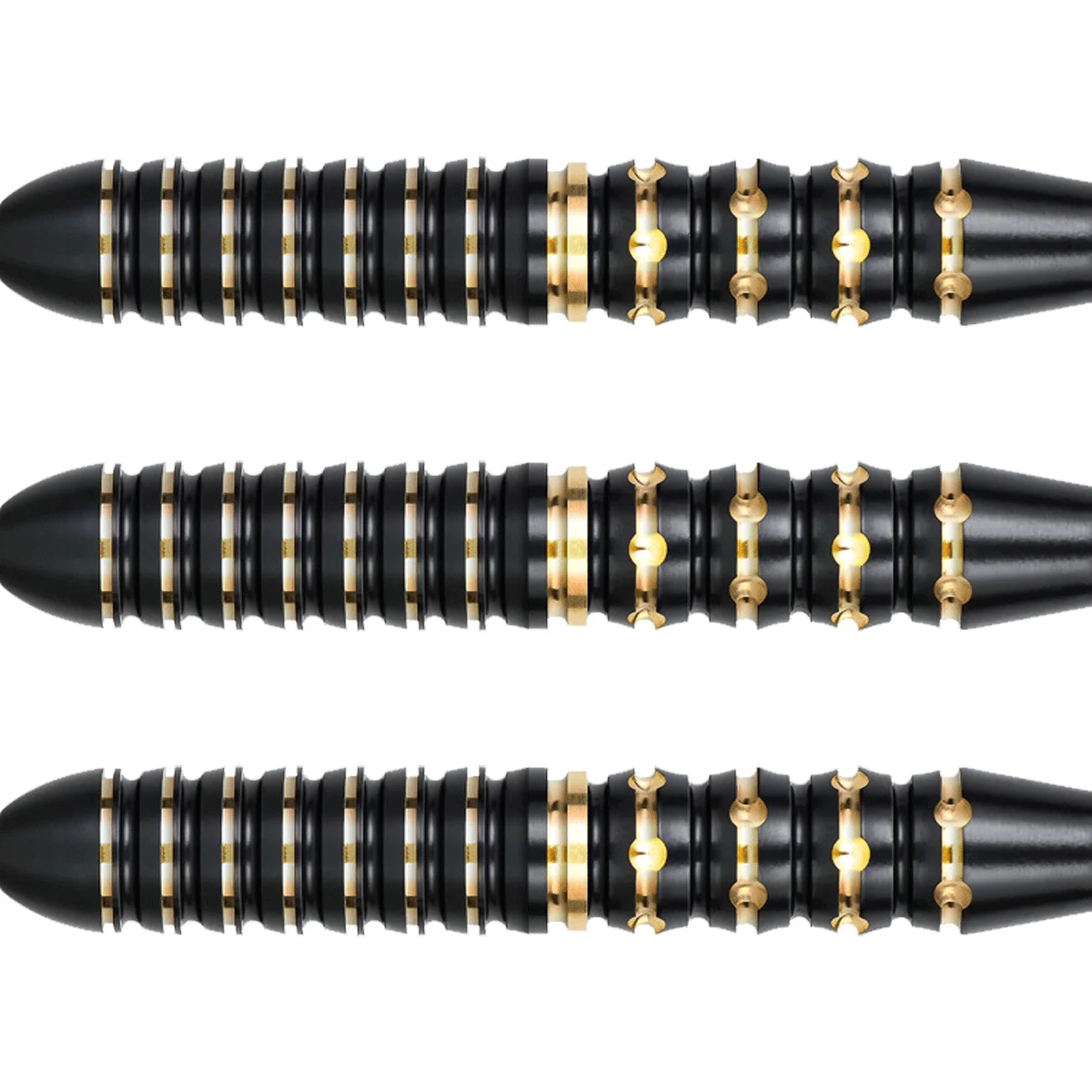 Nahaufnahme der One80 Mobilizer 03 Steeldart Barrels mit präzisen Ringgrips und goldenen Akzenten