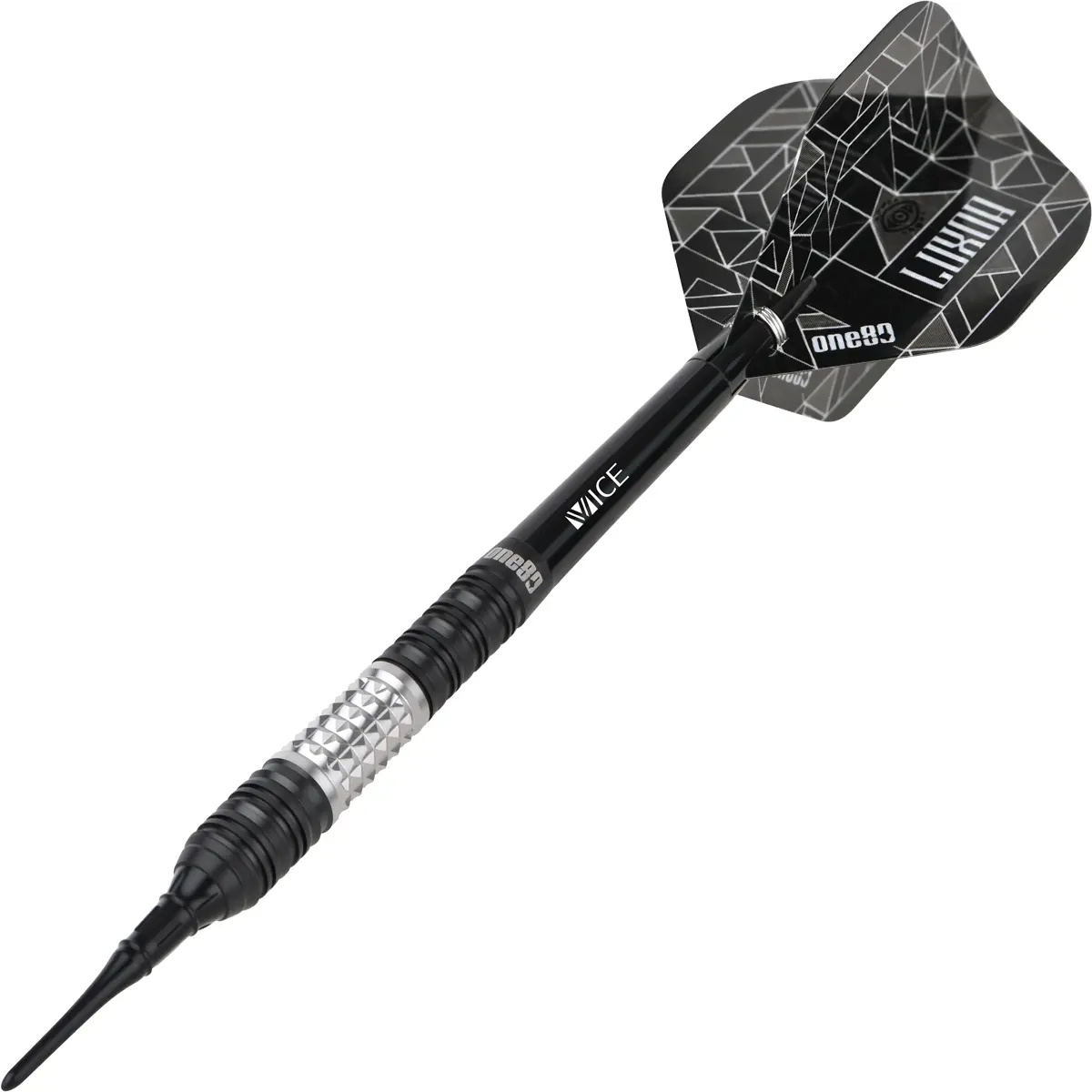 One80 Luxor II Eta Softdarts 18g dynamische Perspektive mit schwarzem Schaft und Luxor Flight