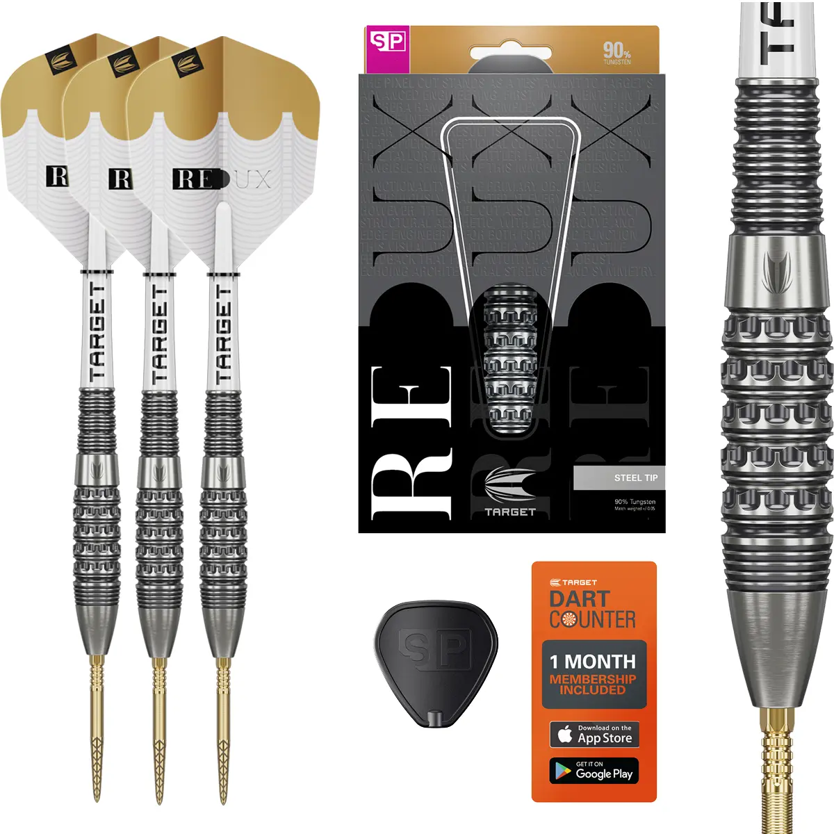 Target Redux 02 Swiss Point Steeldarts – Set mit Zubehör und Verpackung Target Redux 02 Swiss Point Steeldarts – Set mit 90 % Tungsten Barrels, goldenen Spitzen, Redux Flights, Swiss Point Tool, Verpackung und Dartcounter