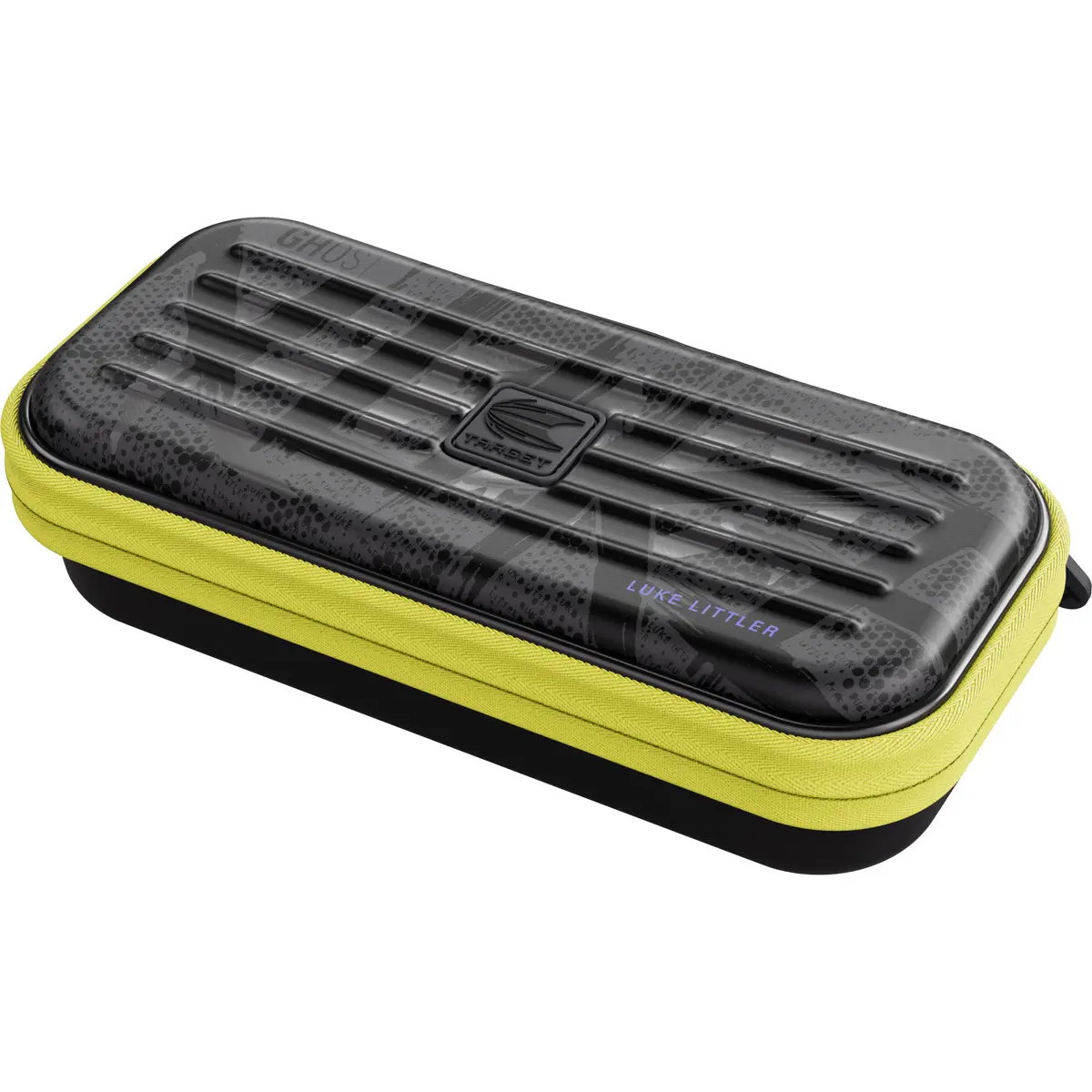 Target Takoma Ghost Luke Littler Darttasche aus seitlicher Schrägansicht mit gelbem Zipper und Hardcase-Profil