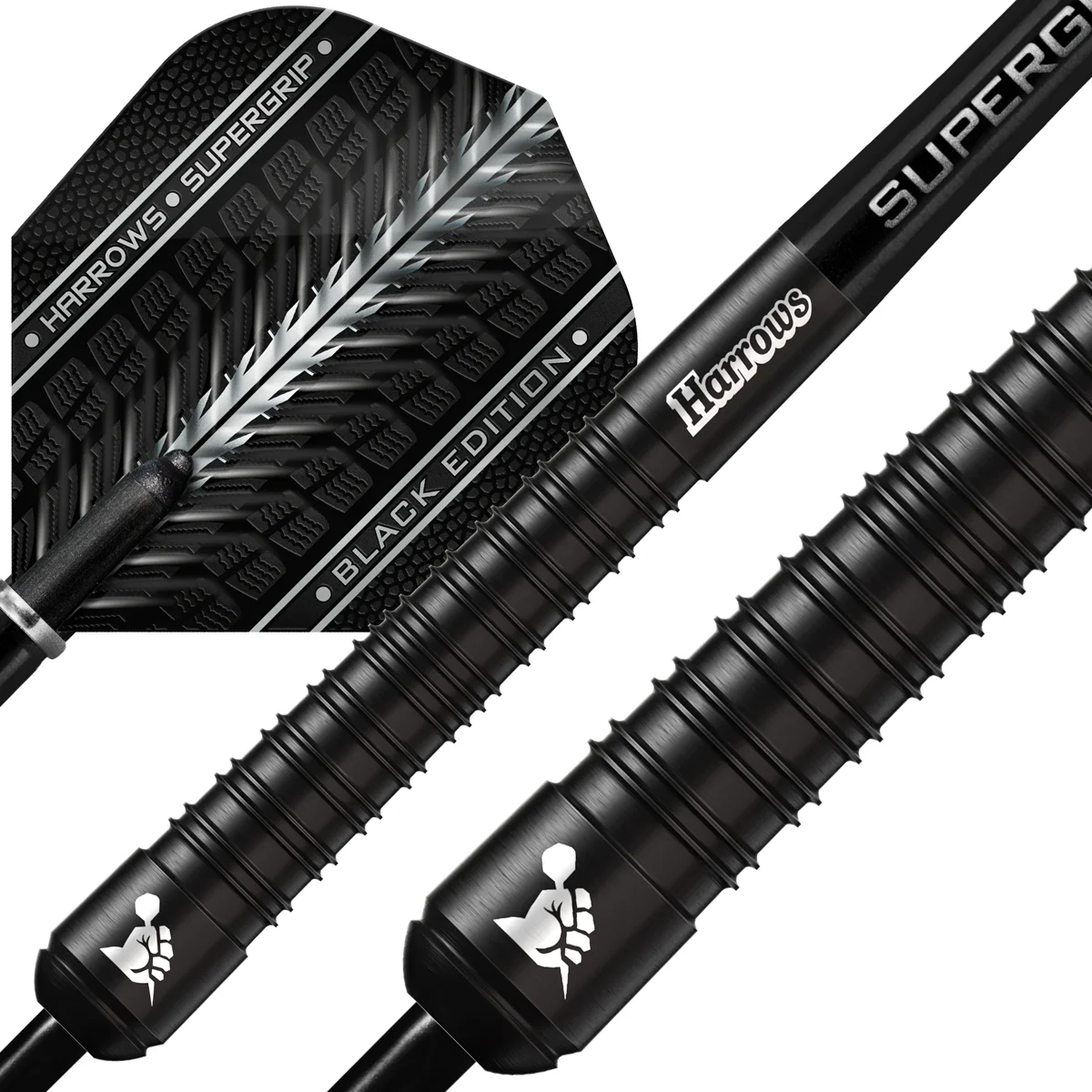 Detailansicht des Harrows Supergrip Black Edition Steeldarts mit starkem Ringgrip und Black Edition Flight