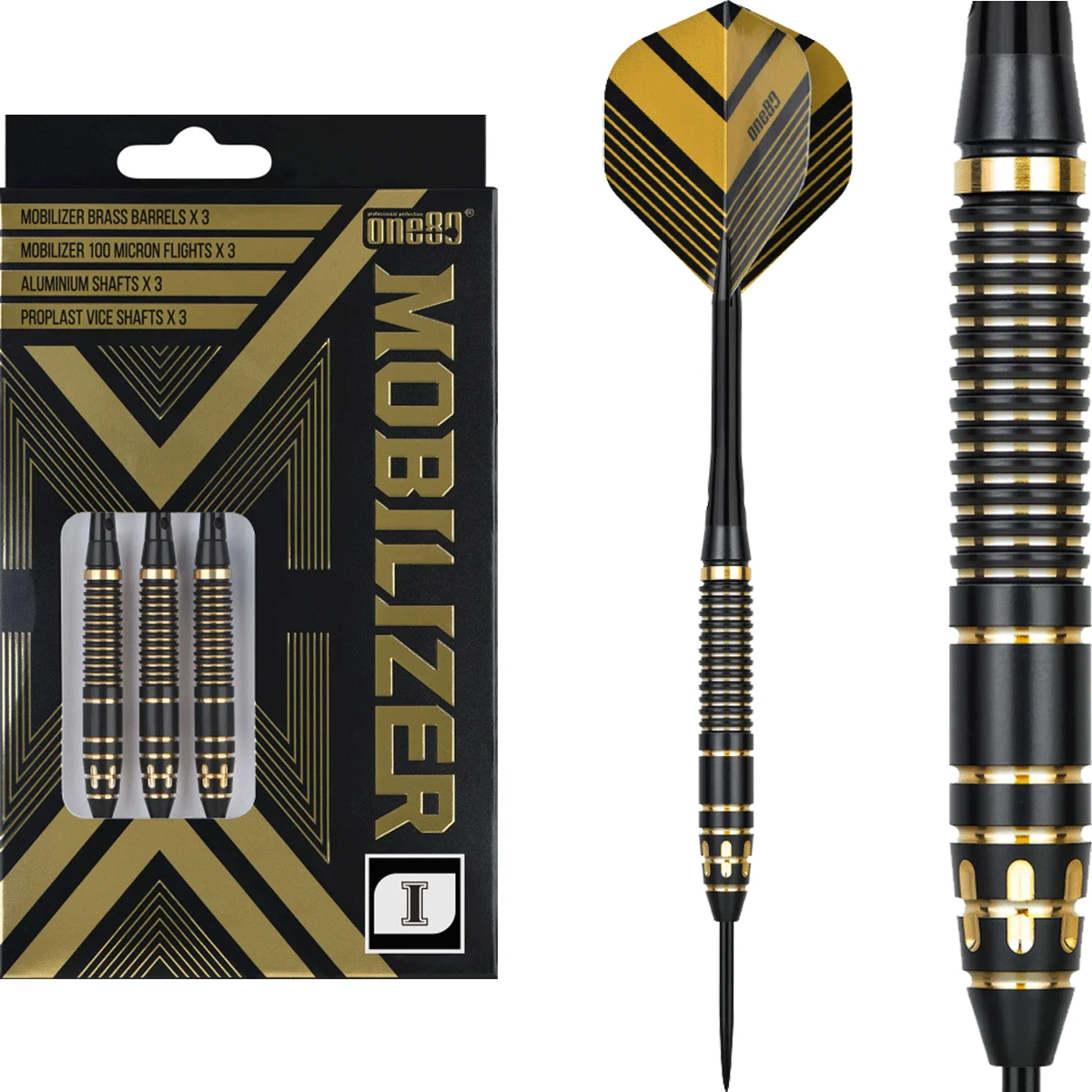 Komplettansicht der One80 Mobilizer 01 Steeldarts mit Flights und Verpackung