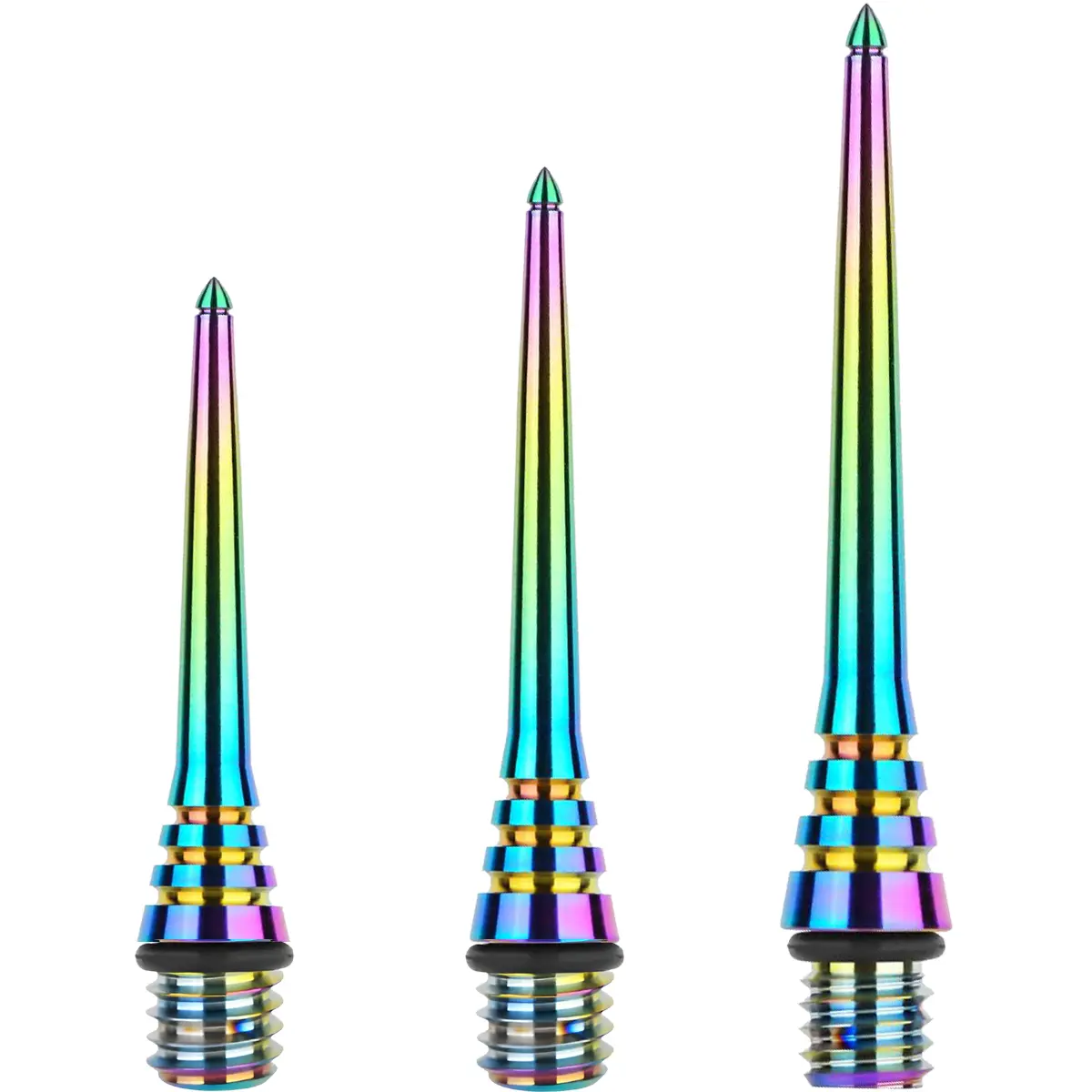 One80 Ti Conversion Point-E Rainbow in 22 mm 26 mm und 30 mm als Titanium Conversion Points mit 2BA Gewinde im Größenvergleich