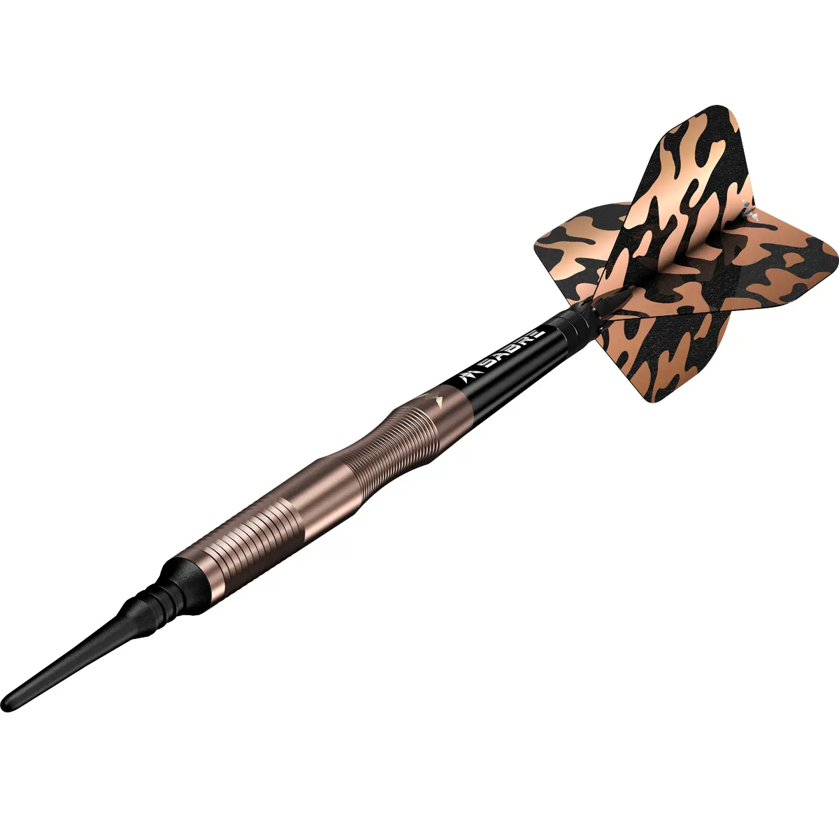 Mission Dead Shot Softdart 19 g in dynamischer Perspektive mit Camouflage-Flights und schwarzem Sabre Shaft