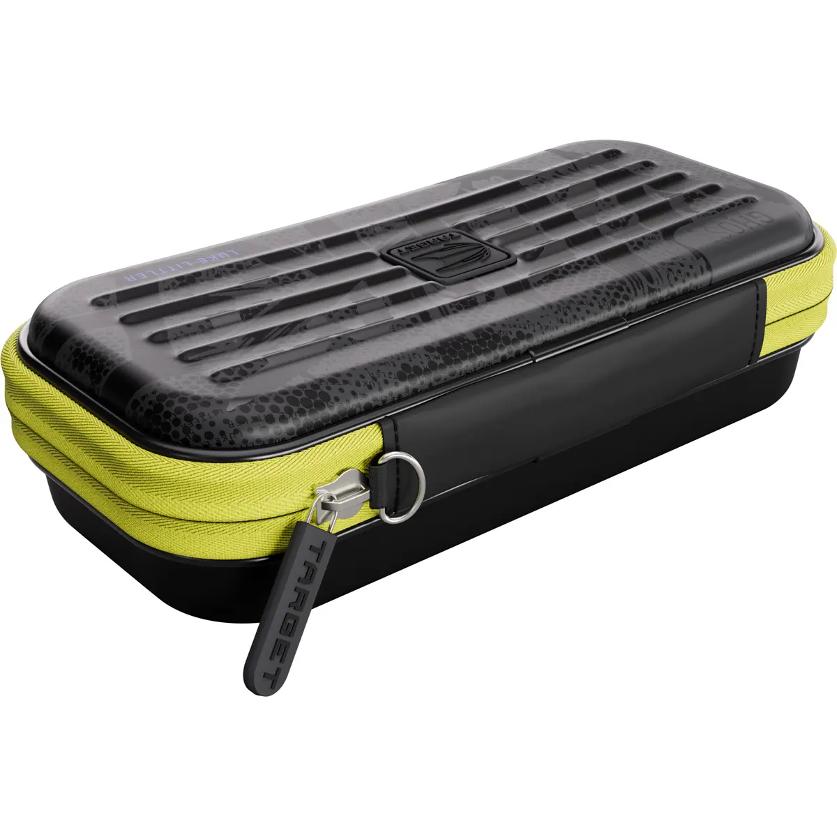 Target Takoma Ghost Luke Littler Darttasche aus schräger Obenansicht mit markanten gelben Akzenten