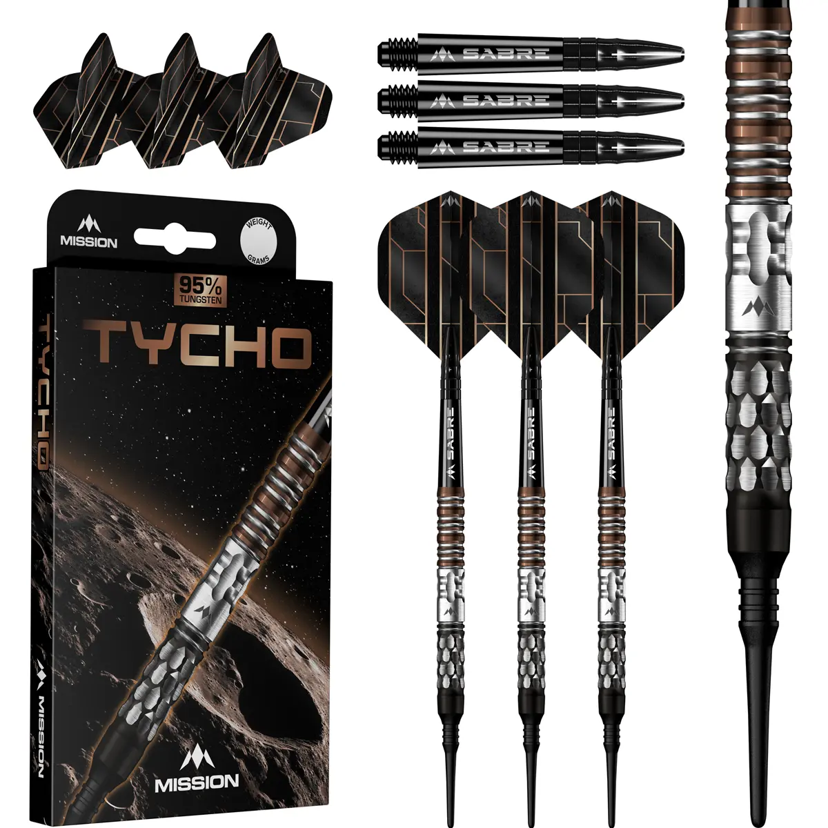 Mission Tycho Softdarts Komplettset mit Verpackung, Sabre Shafts und Flights