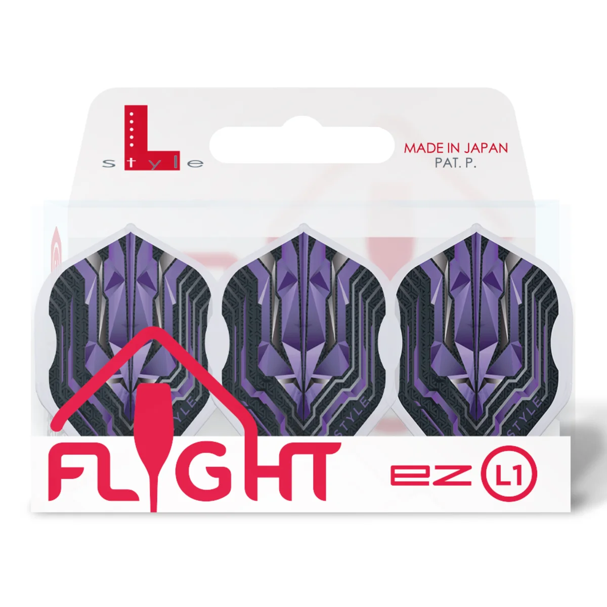 Verkaufsverpackung der L-Style Origin EZ L1 Dart Flights in Purple; 3er Set mit integriertem EZ-System und dem Hinweis Made in Japan für höchste Präzision.