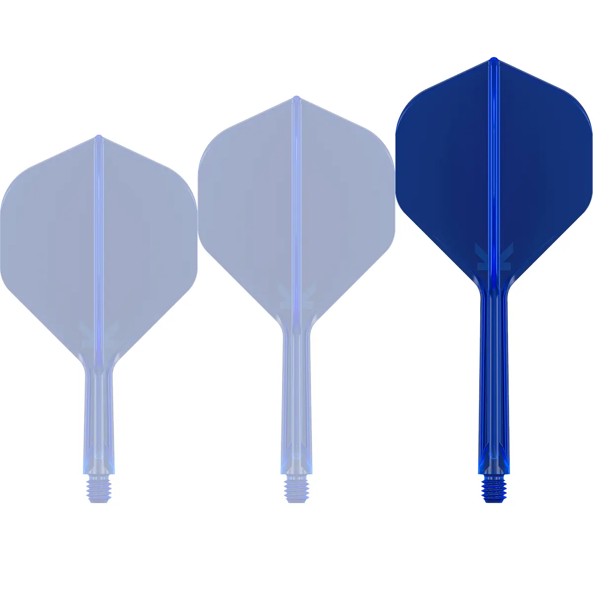 Target K-Flex No.2 Shape in Blau, Medium-Länge, Frontansicht des integrierten Shaft-Flight-Systems