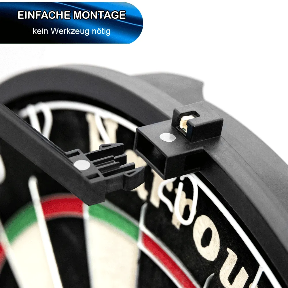 Seitenansicht der Harrows Tri-Light Beleuchtung am Dartboard