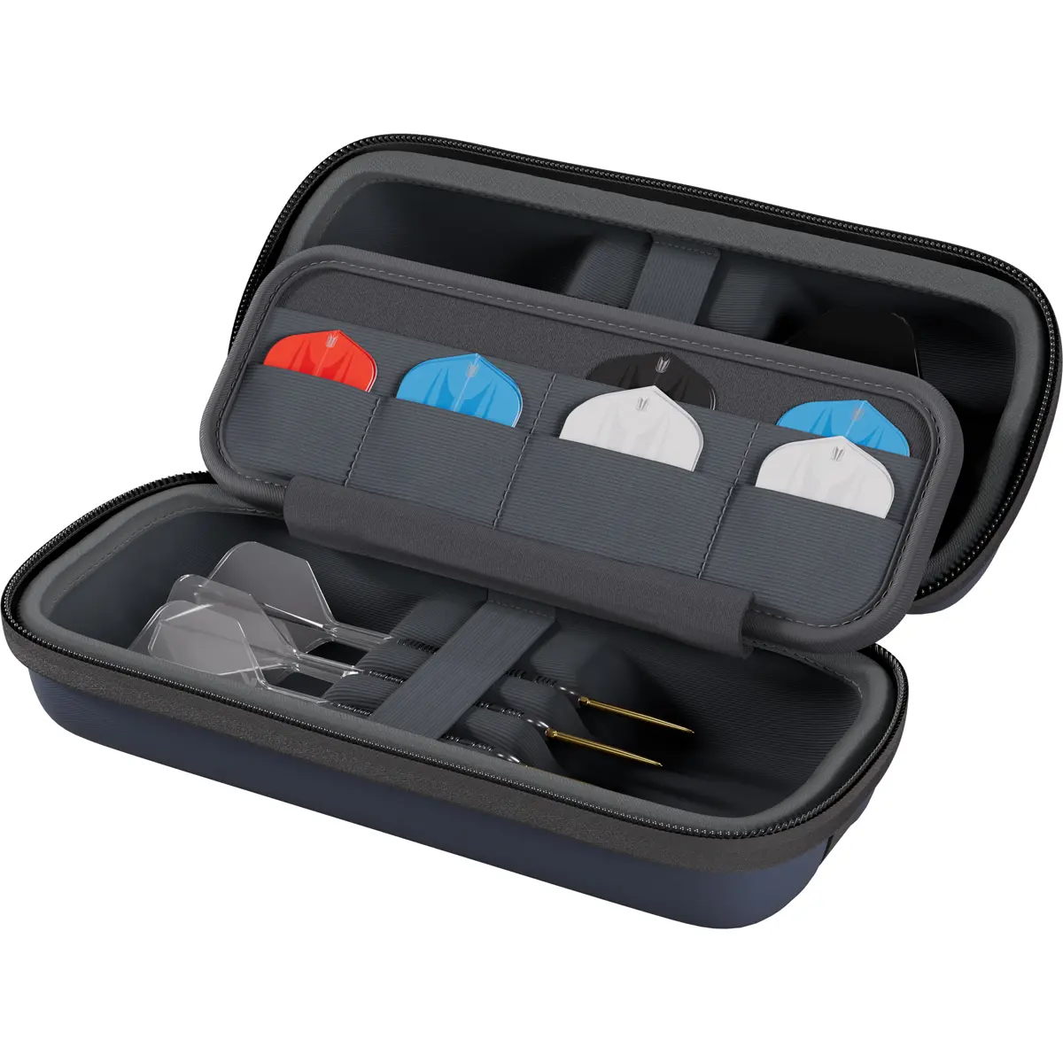 Target BOA Darttasche Navy geöffnet mit Darts und Flights – Beispielbefüllung