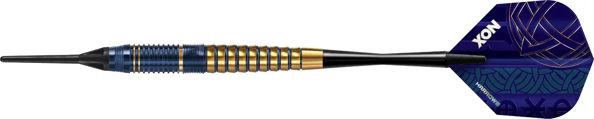 Seitenansicht der Harrows Nox Softdarts – Parallel-Barrel mit Ringgrip und Royal-Blue-Gold-Design für stabile Flugbahnen.