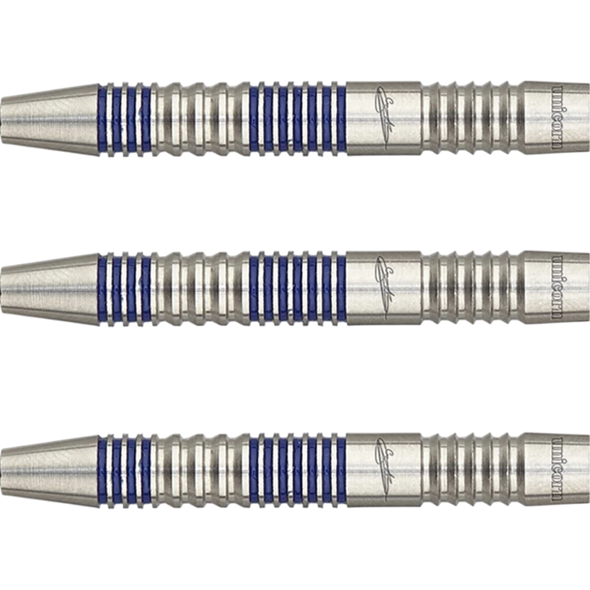 Ringed Grip Barrel der Unicorn Gary Anderson Silver Star P2 Steeldarts mit blauen Akzenten