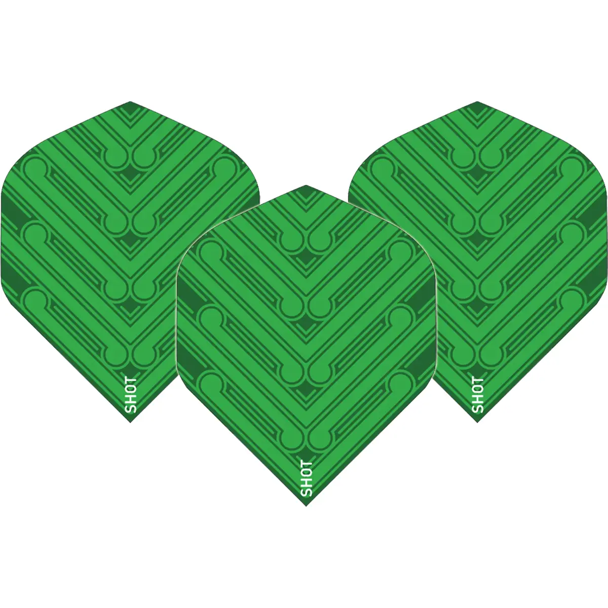 Shot Manu Flights grün als 3er-Set in No.6-Standardform aus 100 Micron starkem Material, halbtransparentes Design mit Shot-Logo