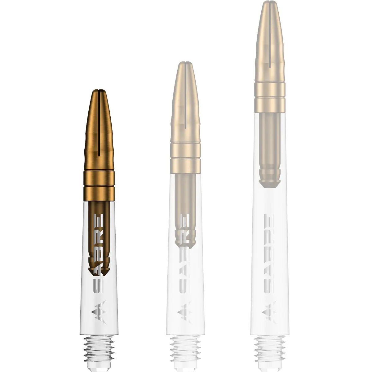 Mission Sabre Dart-Schaft in Klar-Gold, Größe Short. Kurzer transparenter Hybrid-Schaft mit goldenem Alu-Aufsatz für einen eleganten Look und stabilen Flight-Halt.