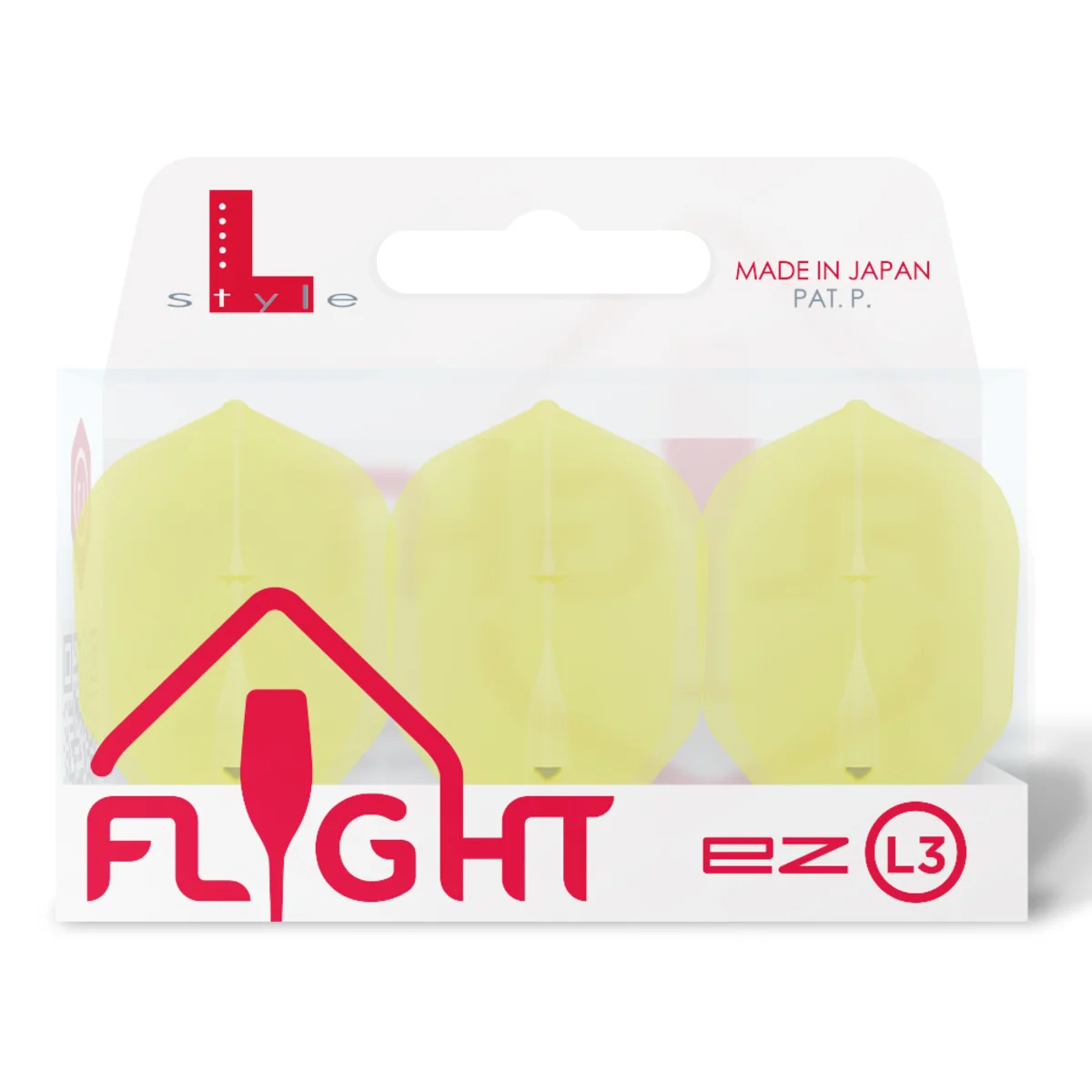 Originalverpackung der L-Style EZ L3 Shape Flights in Gelb. Ein Satz enthält 3 langlebige Profi-Flights mit bereits fest verbautem Cap-System.