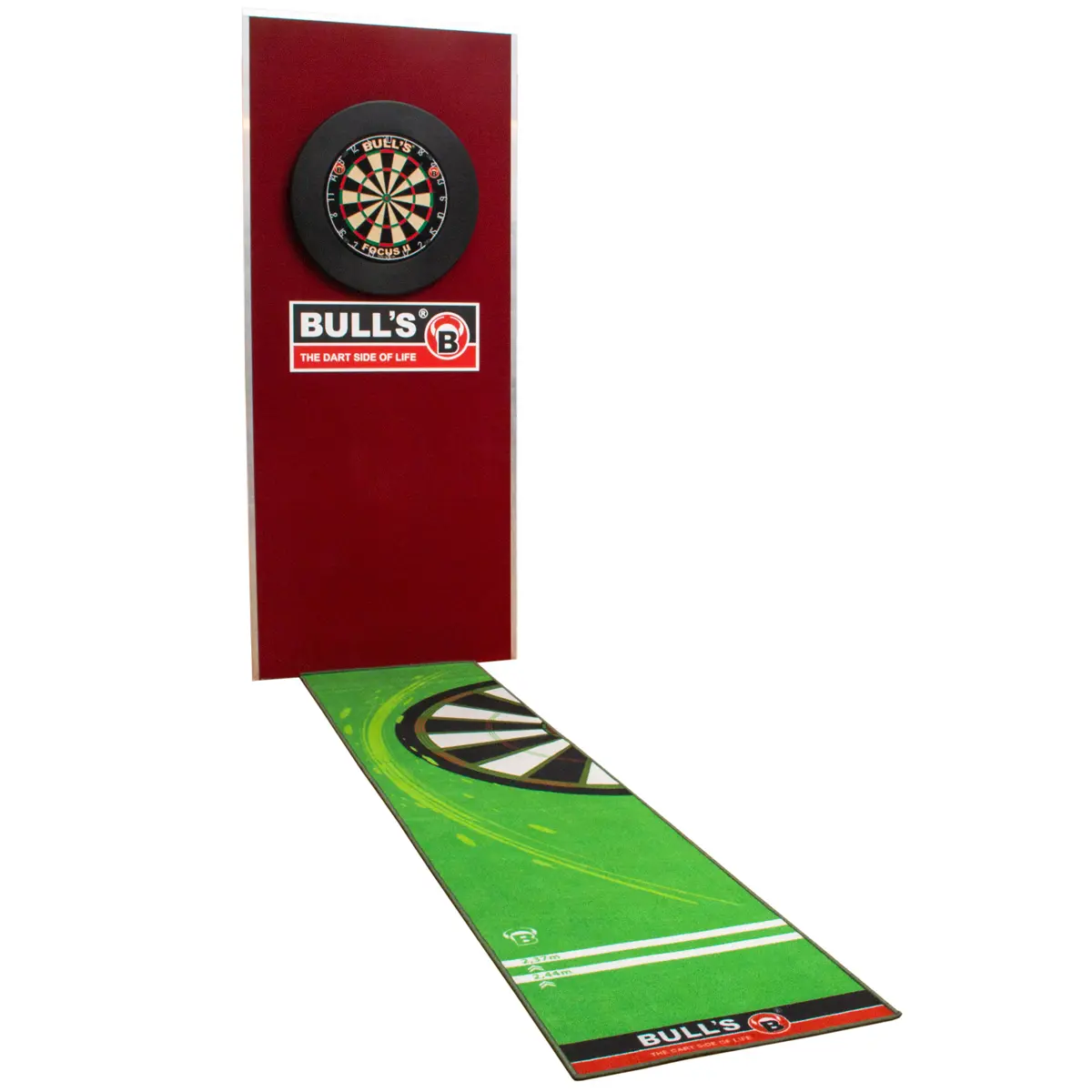 Dart Setup mit Bull's Teppich 120 Green und montierter Dartscheibe Bull's Carpet Mat 120 Green – Hochwertiger  Dartteppich für dein Setup
