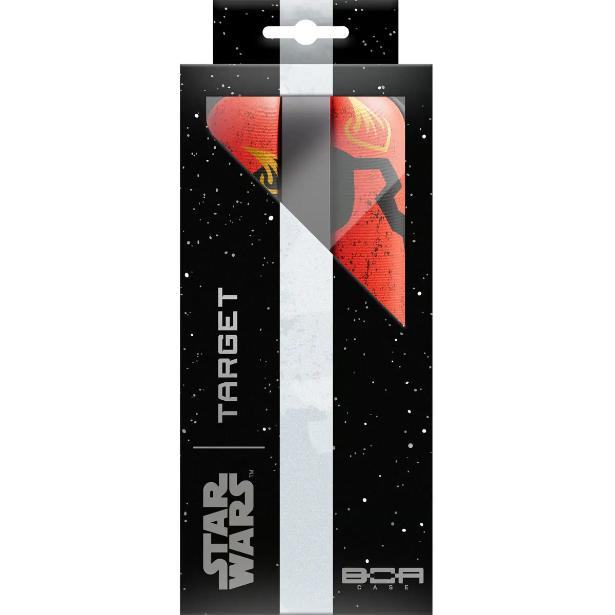 Offizielle Verkaufsverpackung der Target Star Wars Darth Maul Boa Darttasche im edlen schwarzen Galaxie-Design.