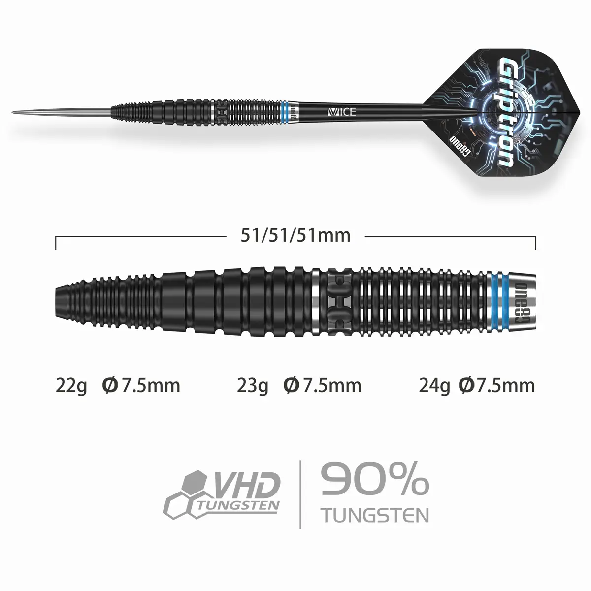 One80 Griptron GT1 Steeldarts Barrelmaße 51 mm und Ø 7,5 mm in 22g, 23g und 24g