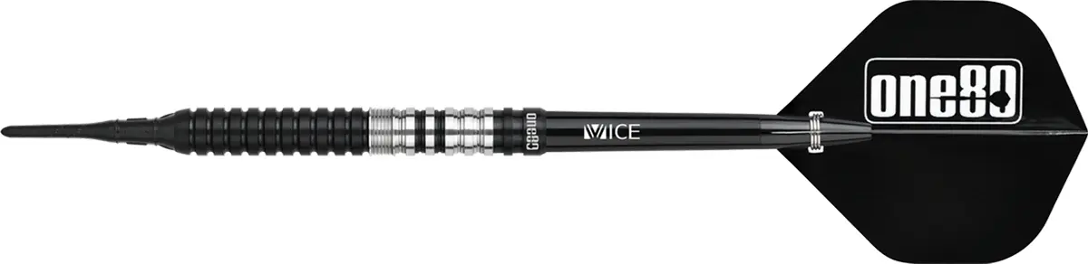 One80 Ryo Nakai V2 Black Softdart Seitenansicht mit Vice Shaft und Flight